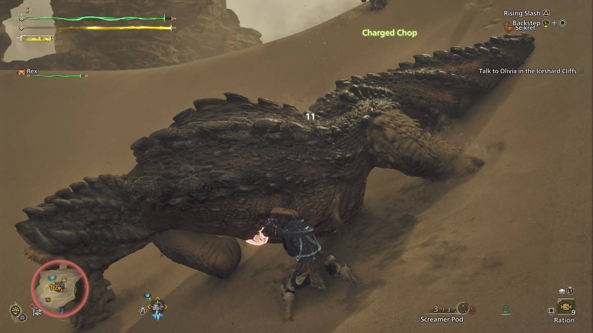 Isang mangangaso sa Monster Hunter Wilds na gumaganap ng isang pababang pag -atake ng thrust kasama ang tabak at kalasag