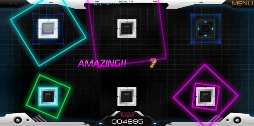 Gameplay of Rhythm Control 2 featuring tapping on six different nodes with slow circles closing in on said nodes