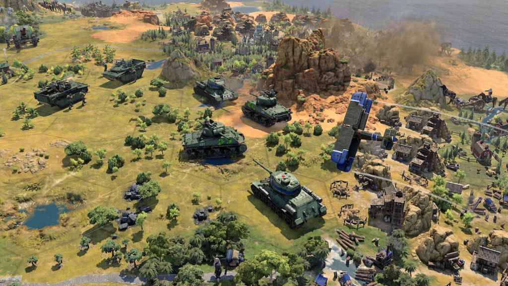 Civilização 7, um mapa com tanques se movendo sobre ele.