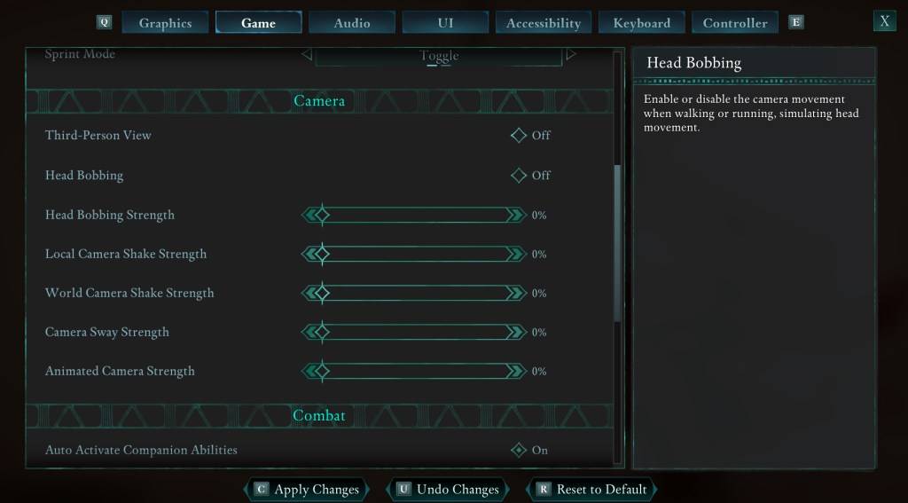 Avowed Settings Menu - Camera Options