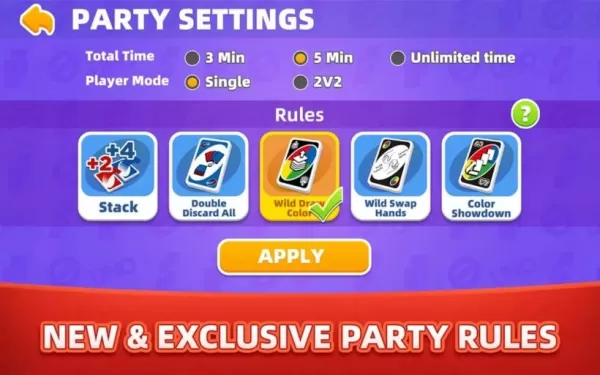 Uno Arcade Edition gameplay showing special rule selection including Wild Swap Hands mode
