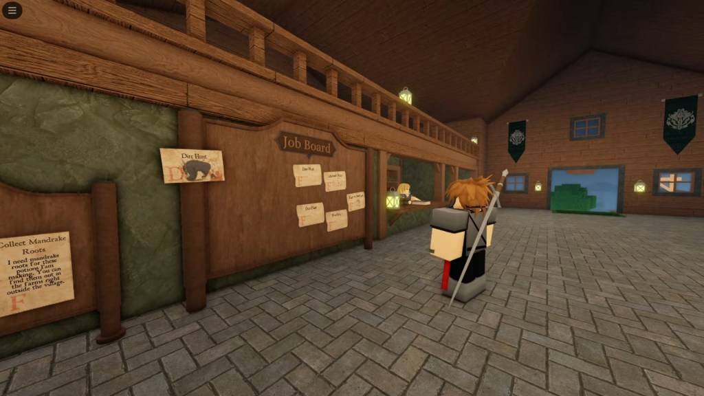 A Rune Slayer character checking the job board in-game