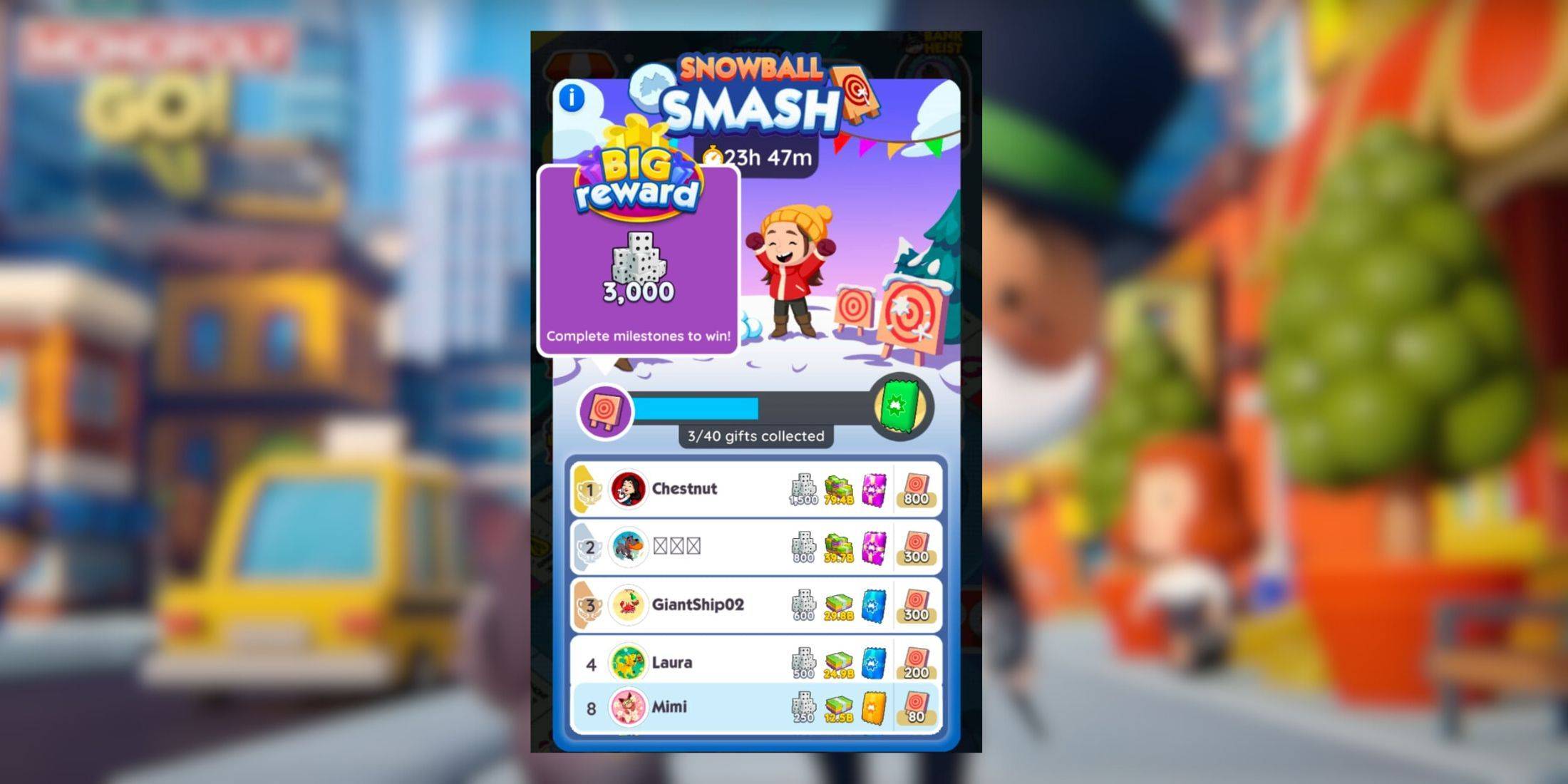 Monopoly Go: Snowball Smash Rewards at Milestones