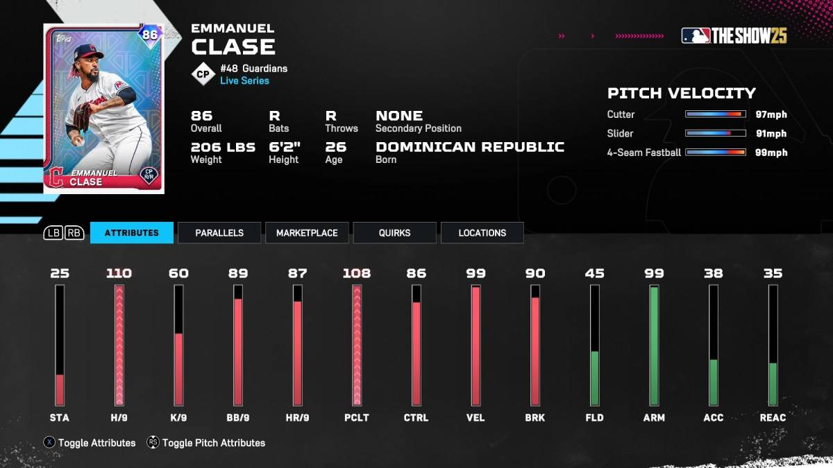 การ์ดราชวงศ์ Diamond Emmanuel Clase ใน MLB The Show 25