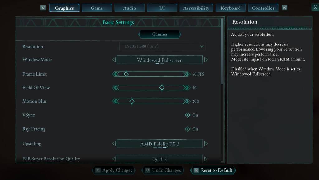 Avowed Settings Menu - Graphics Options